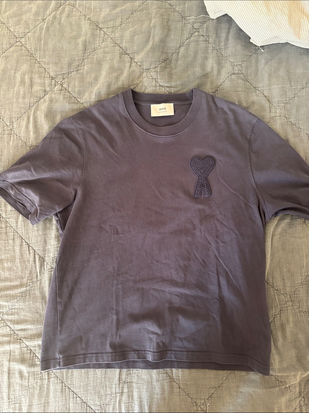 Ami Men's Short Sleeve Tee in Navy with Knitted Heart Logo
